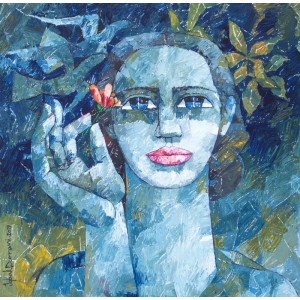 Iqbal Durrani, Petals Blue - 26 x 26 in - Oil on Canvas, Figurative Painting, AC-IQD-150